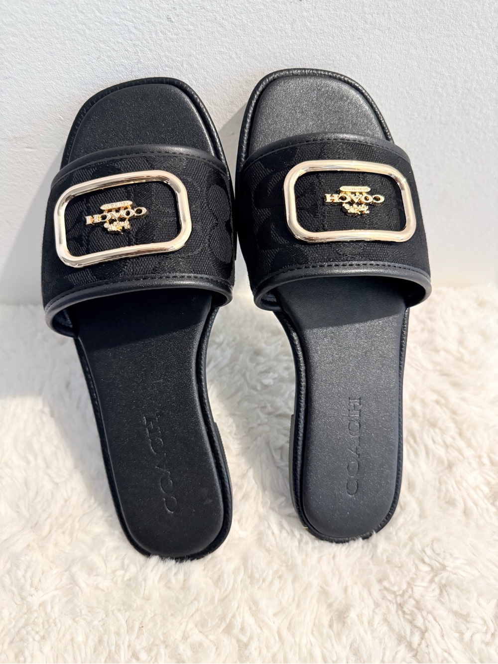 Coach Black Slide Sandals with Gold-Tone Buckle
